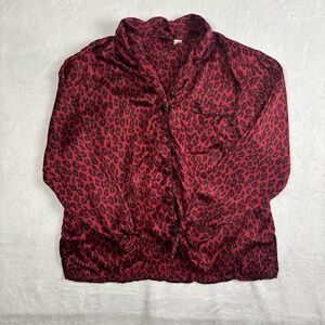 Y2K Fredrick's of Hollywood Red Leopard Print Button Up‎ Silk Blouse Women's L